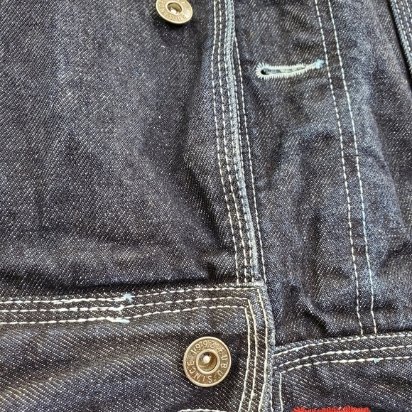 FUBU Denim Blue Jean Jacket Men 2XL Multi Pocket Embroidered Logo Button Up READ - Picture 10 of 16